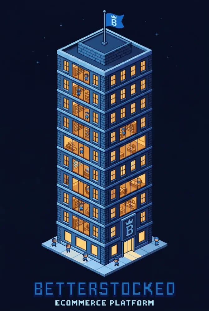 BetterStocked Tower — pixel art building with floors of ecommerce activity